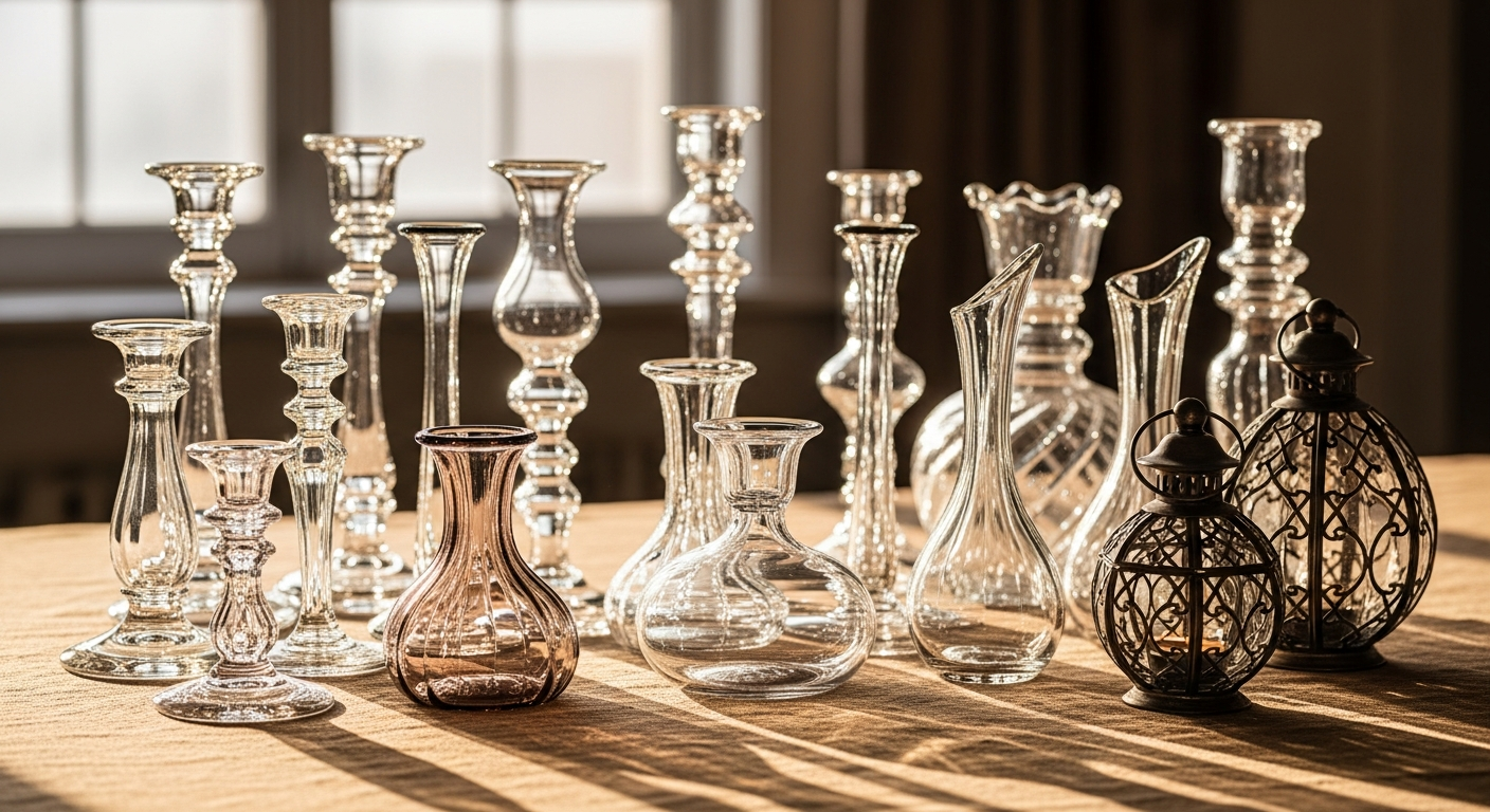 Handcrafted glass candle stands, vases and lanterns made by AVM Glass in Firozabad