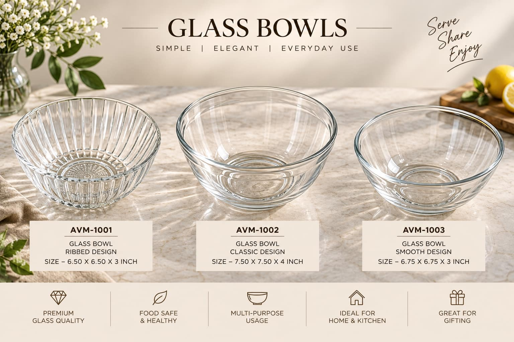 Bowls & Tableware — wholesale glassware manufactured and exported by AVM Glass, Firozabad